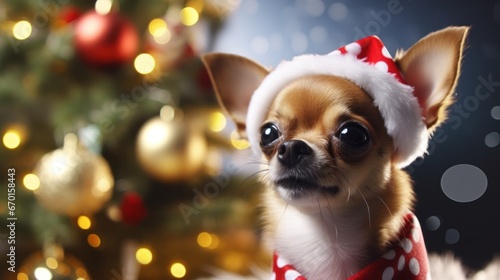  Chihuahua in Santa Hat Posing Beside Christmas Tree © Sandris_ua
