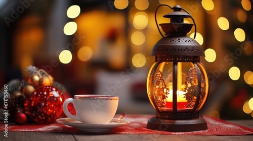 Country Christmas Tea and Teapot with Cinnamon and Candlelight Decoration photo