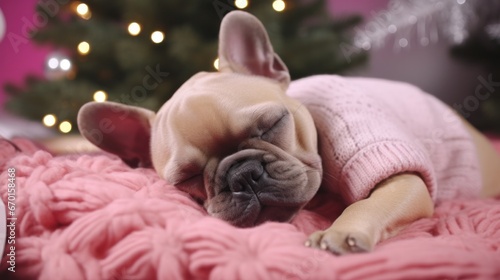 Cozy Canine Christmas Slumber: Adorable Fatigued French Bulldog Dozing on Fuzzy Blanket Near a Blushing Adorned Fir Tree, Perfect for