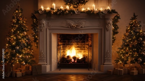 Cozy Christmas Fireplace Mantel: Warm Holiday Decor in a Festively Lit Room with Tree and White Design Elements photo