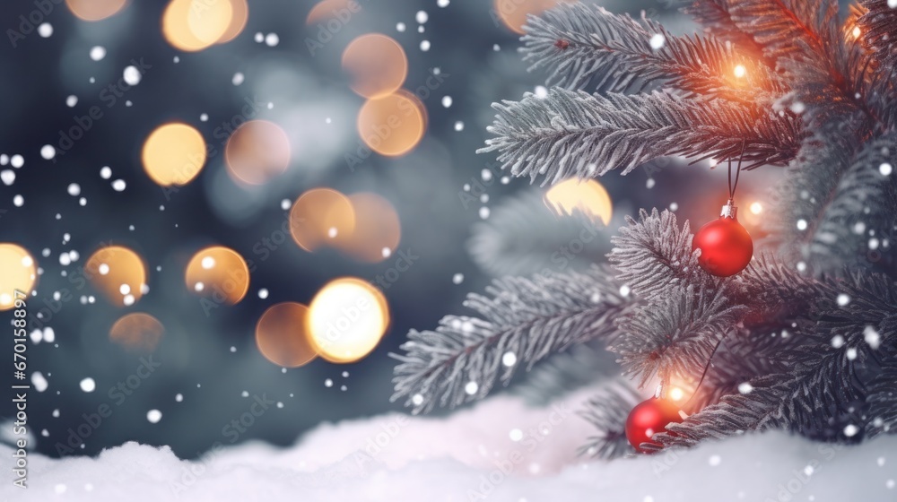 Christmas Background with Snowy Fir Tree and Sparkling Branch Lights for Holiday Decorations Christmas Background with Snowy Fir Tree and Sparkling Branch Lights for Holiday Decorations