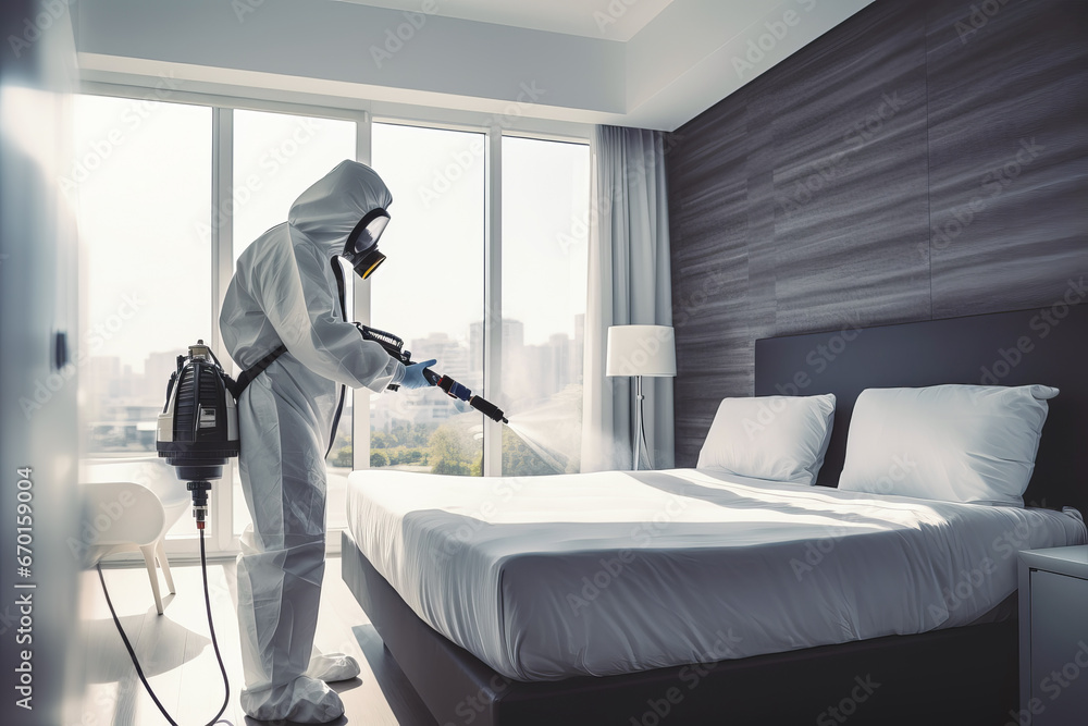Foto de Faceless pest control worker in a protective suit sprays insect
