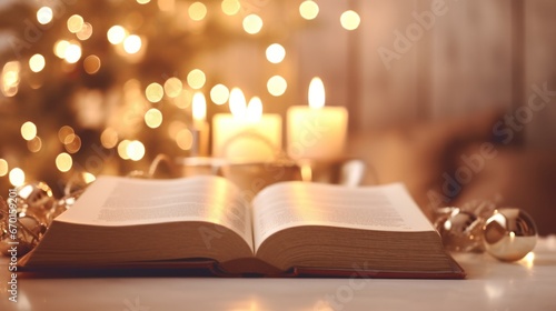 Foto Christmas Bible and Candles for Spiritual Reflection.