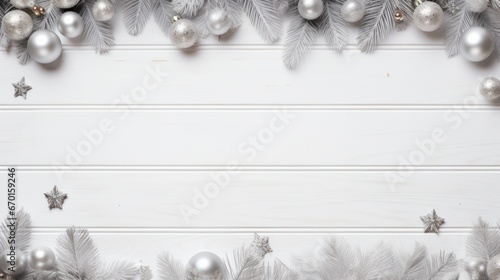 Christmas Border with Colorful Decorations on White Wooden Table Top.