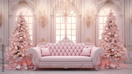 Elegant White and Pink Christmas Interior with Baroque-style Couch, Renaissance Tree, and Classic Lights as an Ideal Holiday Celebration in a Luxurious Home © Generative Professor