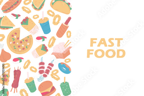 BAckground composition of fast food  drinks flat icons. restaurant or food truck Background