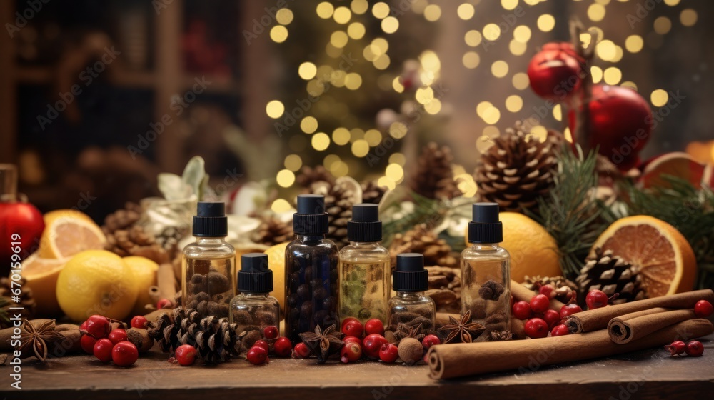 Assortment of Essential Oil Bottles for White Christmas Holiday Season