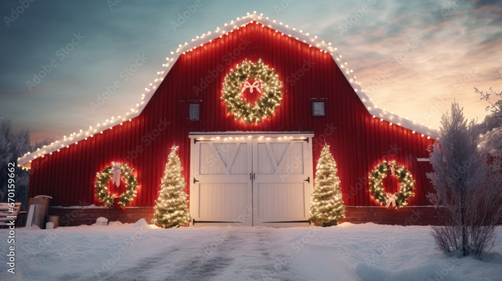 Barn Aglow with Christmas Lights Amidst Arboretum in Dark Denver - obrazy, fototapety, plakaty 