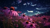 A meadow filled with Echinacea flowers that appear to be made of pure starlight, illuminating the night sky.