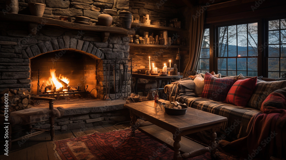 A cozy log cabin interior, featuring a stone fireplace, rustic wooden beams, and plaid blankets A cozy log cabin interior, featuring a stone fireplace, rustic wooden beams, and plaid blankets