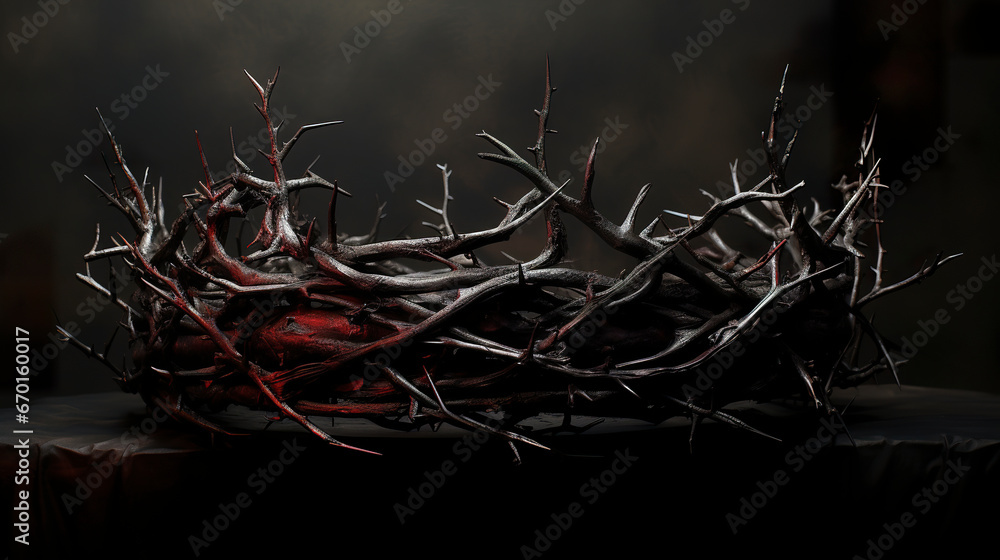 A crown of thorns is a true symbol of sacrifice and redemption. A crown of thorns evoking an aura of humility and reflection of redemptive sacrifice. - obrazy, fototapety, plakaty 