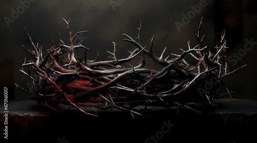 A crown of thorns is a true symbol of sacrifice and redemption. A crown of thorns evoking an aura of humility and reflection of redemptive sacrifice. photo