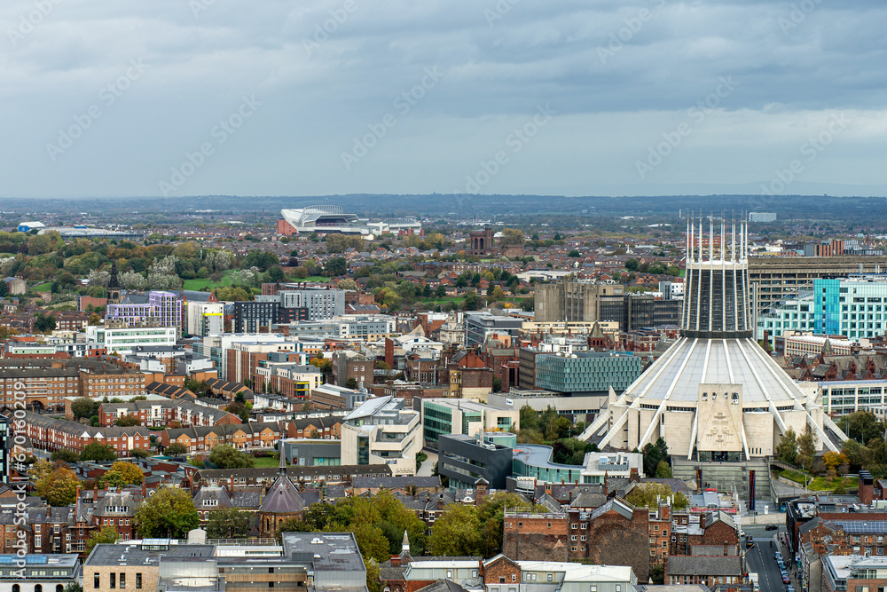 Fototapeta premium The view of the city of Liverpool with the Liverpool Metropolitan Cathedral and the Anfield Stadium in the distance