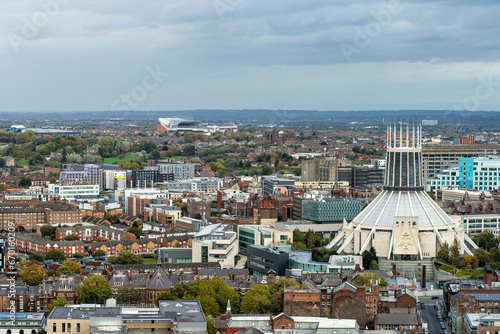 The view of the city of Liverpool with the Liverpool Metropolitan Cathedral and the Anfield Stadium in the distance