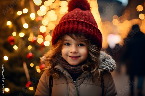 Wallpaper Mural Smiling girl child with red winter hat and scarf at christmas market Torontodigital.ca