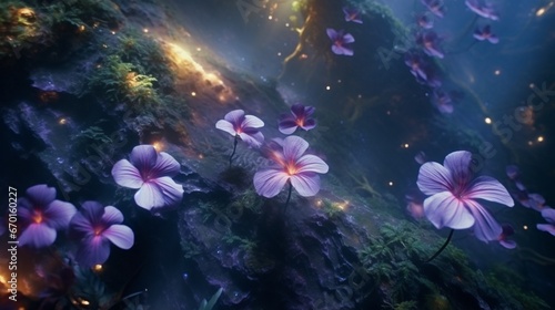 A mesmerizing aerial view of a lush Moonstone Mallow forest with iridescent leaves.