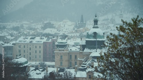 landscape in winter in Prague, Czech Republic with Straka Academy dome. photo