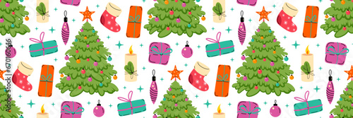 Merry Christmas seamless pattern. Winter fir trees and gifts. Vector illustration. Gift wrapping