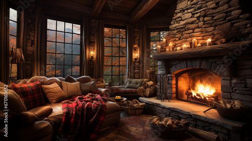 A cozy log cabin interior, featuring a stone fireplace, rustic wooden beams, and plaid blankets