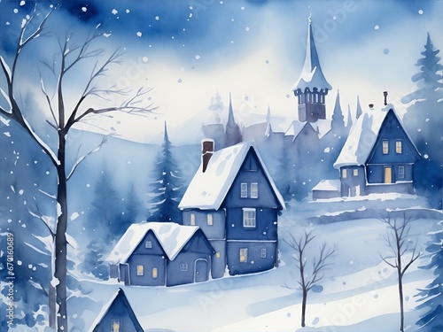 watercolor winter landscape with houses