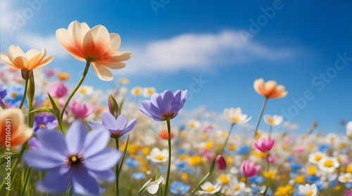 In the spring field, an exquisite sight unfolds; colorful flowers bloom gracefully against a backdrop of a clear blue sky.