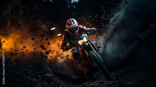 A Driver riding a motorcycle on a city street with clouds of smoke. Dynamic and action-packed scenes, intense action and texture.  photo