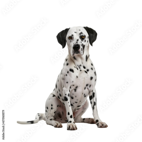 Front view, a dalmatian dog sitting against transparent background and facing to the camera, isolated on transparent background. 