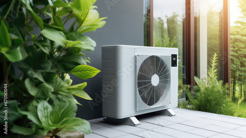 heat pump installed in residential building. Sustainable and clean energy at home, new heating, future