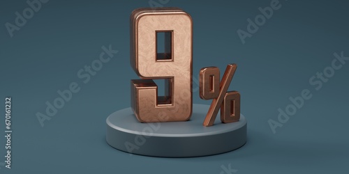 3D render 9% percentage number gold style for discount