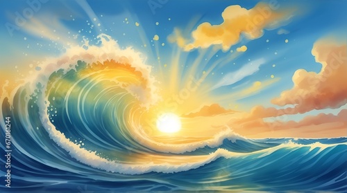 watercolor Sun, blue clouds happy waves splash, sunny ocean wave yellow cartoon kids ocean wave. Banner Header travel background of sunny ocean wave splashing water. Web mobile digital paint-over
