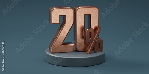 3D render 20% percentage number gold style for discount
