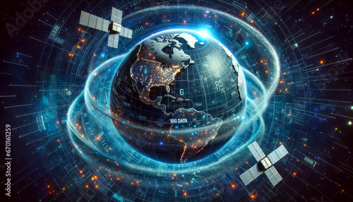 3D graphic of multi-layered digital globe with swirling data patterns around it. Satellites orbit the globe, sending and receiving data streams, with Big Data shining as the focal point in the cosmos. photo