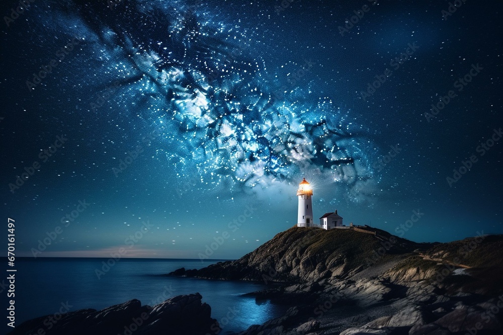 Lighthouse and sparkling starry sky. Generative AI