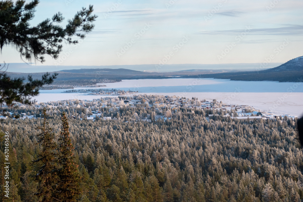 Winter landscape of the town of Jukkasjarvi, Sweden. Situated in the north of Sweden in Kiruna municipality.