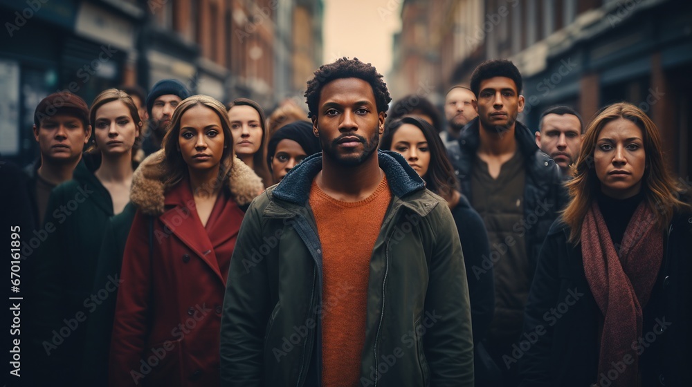  Large group of people standing in the street with focus on a black man looking at camera generative ai.
