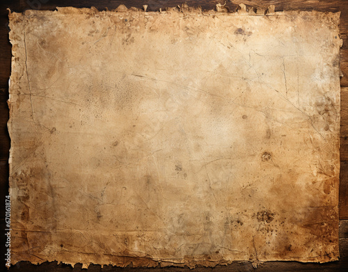 Grunge piece of old, crumpled paper sitting on top of a wooden table. The paper is brown and has a rough texture. Generative AI.