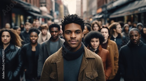  Large group of people standing in the street with focus on a black man looking at camera generative ai. © Hixel