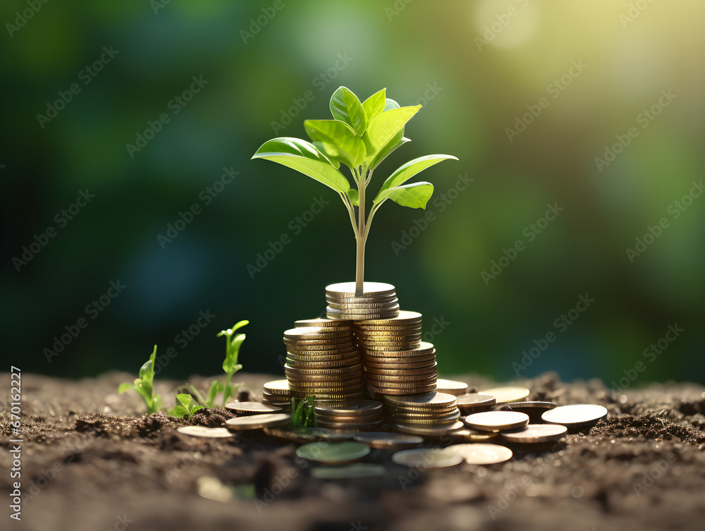 A sapling growing from a pile of coins, symbolizing concepts like savings and wealth growth - obrazy, fototapety, plakaty 