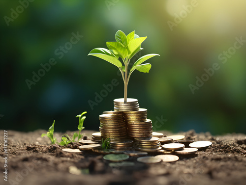 A sapling growing from a pile of coins, symbolizing concepts like savings and wealth growth