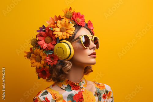 A Woman with Headphones on and A Yellow Background with 3D Colorful Flowers, Premium Ai Image
