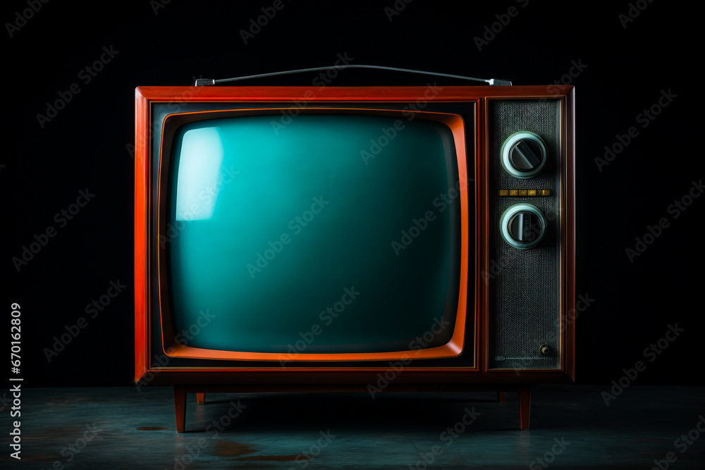 Small television with green screen on black background with black background.