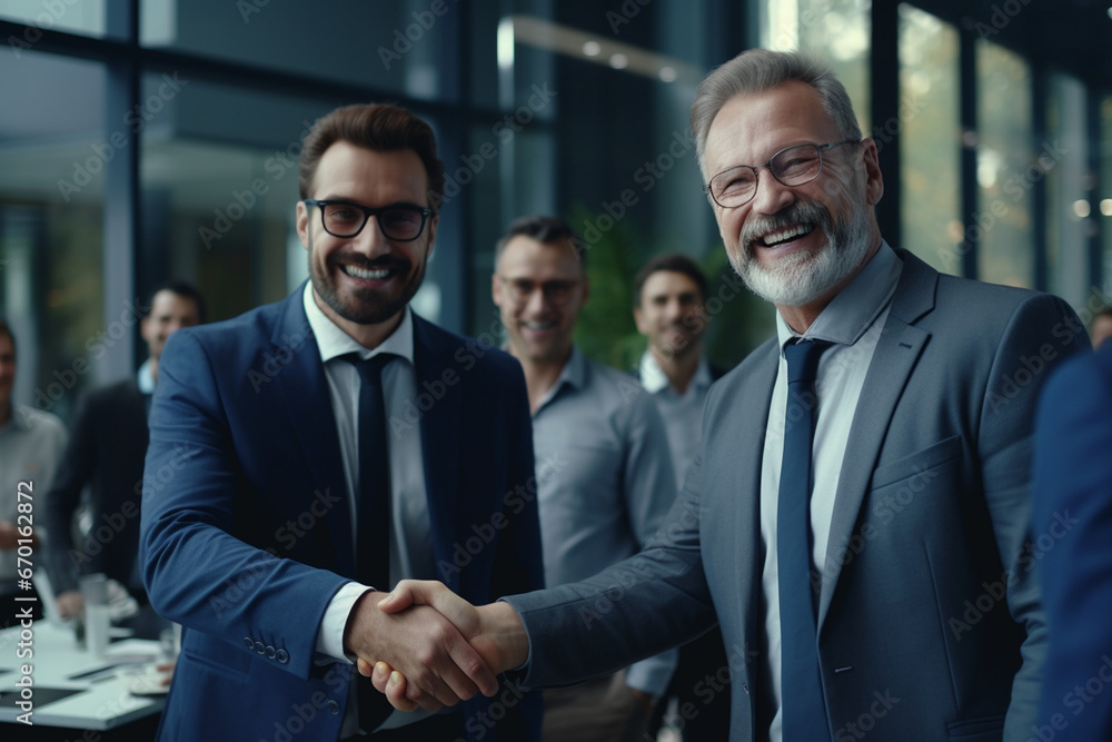 A group of people negotiating and reaching a consensus, sealing the deal with handshakes to signify a business collaboration A group of people negotiating and reaching a consensus, sealing the deal with handshakes to signify a business collaboration