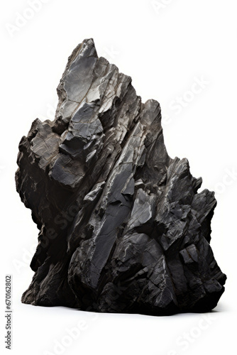Rock formation with white background and black rock on top.