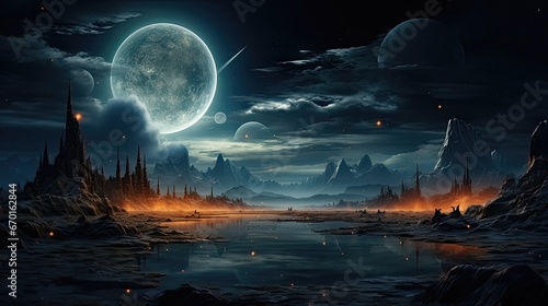 Moon s Scenic View with Distant Planet in the Background