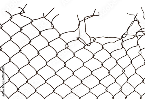 The texture of the metal mesh. Torn, destroyed, broken metal mesh on a white background