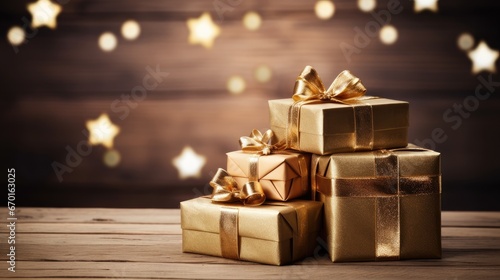 Celebrate the joy of giving with a beautiful stack of Christmas gifts on a rustic wooden table background. The perfect image for the holiday season.
