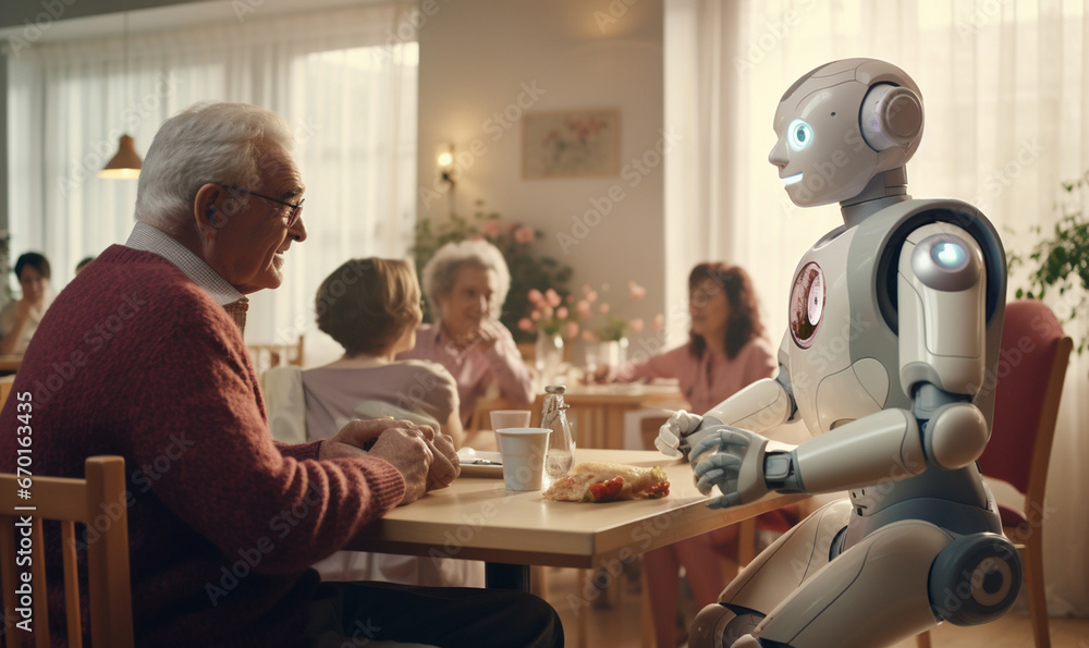 An AI robot assisting in the daily life of an elderly person ...