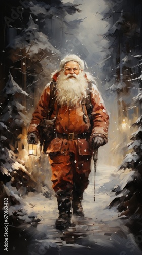 Santa Claus making his way through a serene winter forest, carrying a lantern for guidance.
