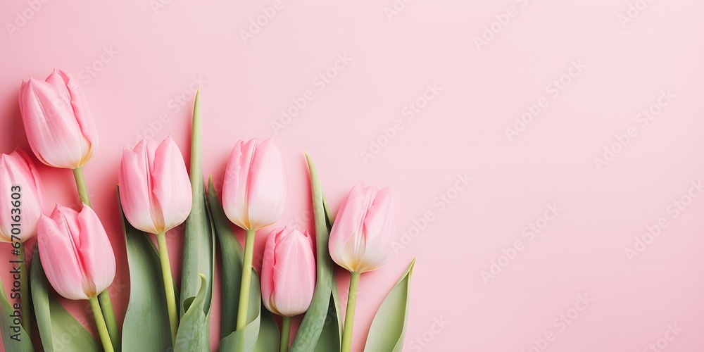 Beautiful composition spring flowers. Bouquet of pink tulips flowers on pastel pink background. Valentine's Day, Easter, Birthday, Happy Women's Day, Mother's Day. Flat lay, top view, copy space.
