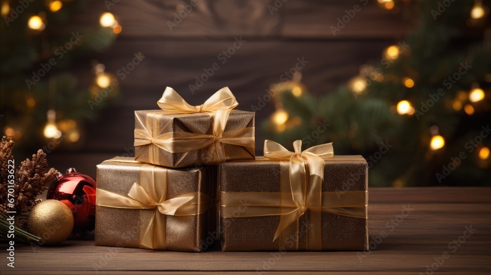 Celebrate the joy of giving with a beautiful stack of Christmas gifts on a rustic wooden table background. The perfect image for the holiday season.